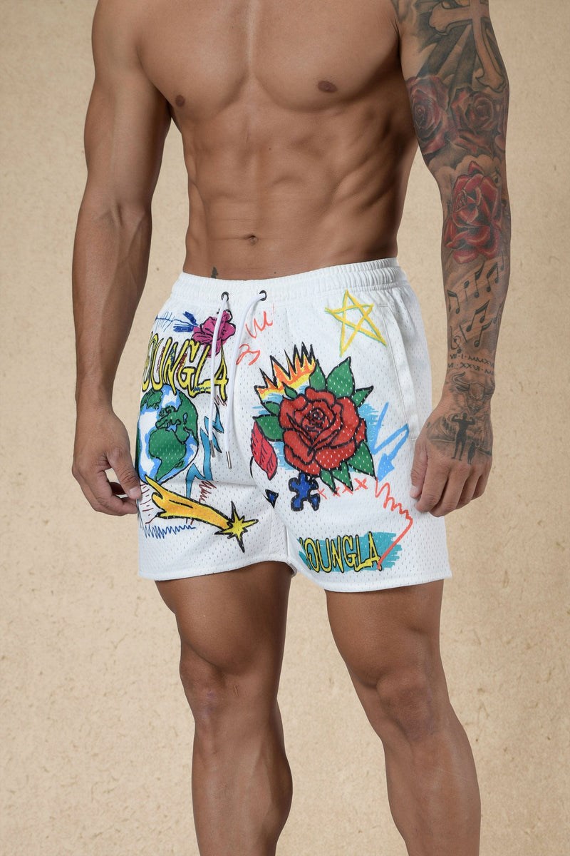 YoungLA 125 Graffiti Shorts Weiß | 01397-INHM