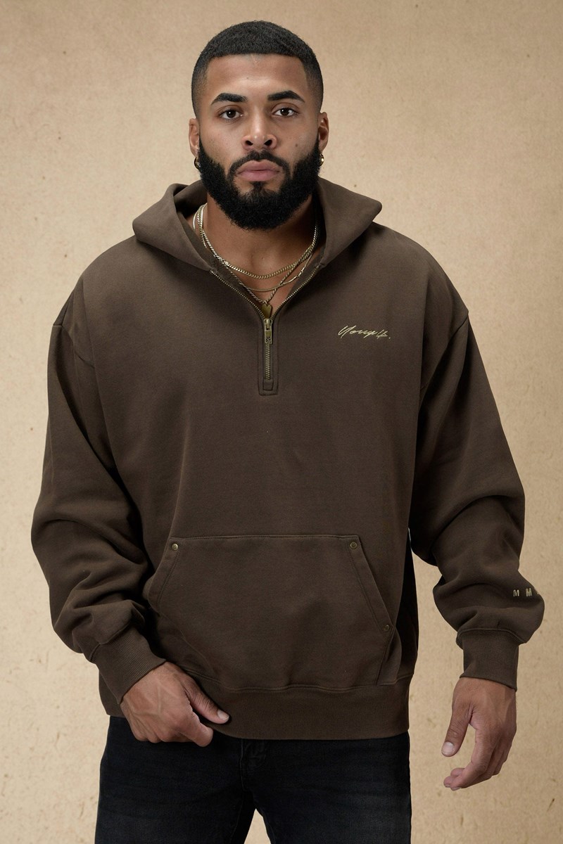 YoungLA 509 Rivet Quarter Zip Hoodie Braun Waschen | 06437-XHIB