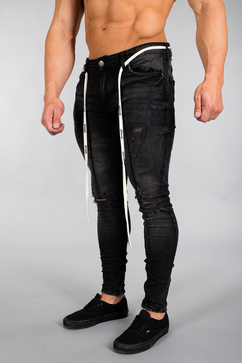 YoungLA 604 EXTRA DISTRESSED DENIM JEANS Schwarz Waschen | 85613-DGSW