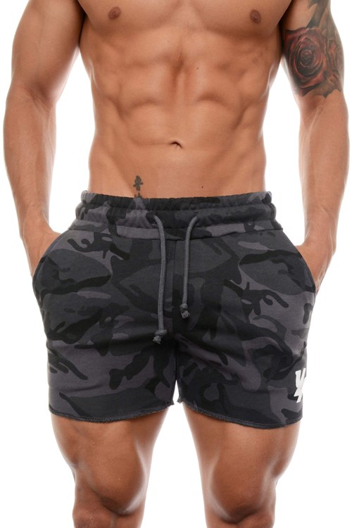 YoungLA 102 Bodybuilding French Terry Shorts Camouflage Schwarz | 76543-ORNH