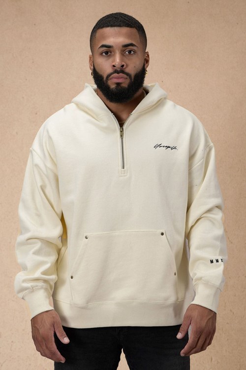 YoungLA 509 Rivet Quarter Zip Hoodie Off-White | 56382-YZDE