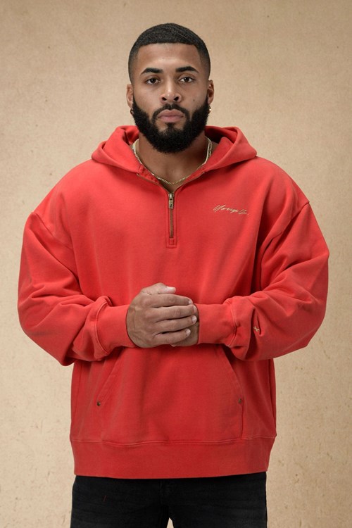 YoungLA 509 Rivet Quarter Zip Hoodie Rot | 40158-QYBT